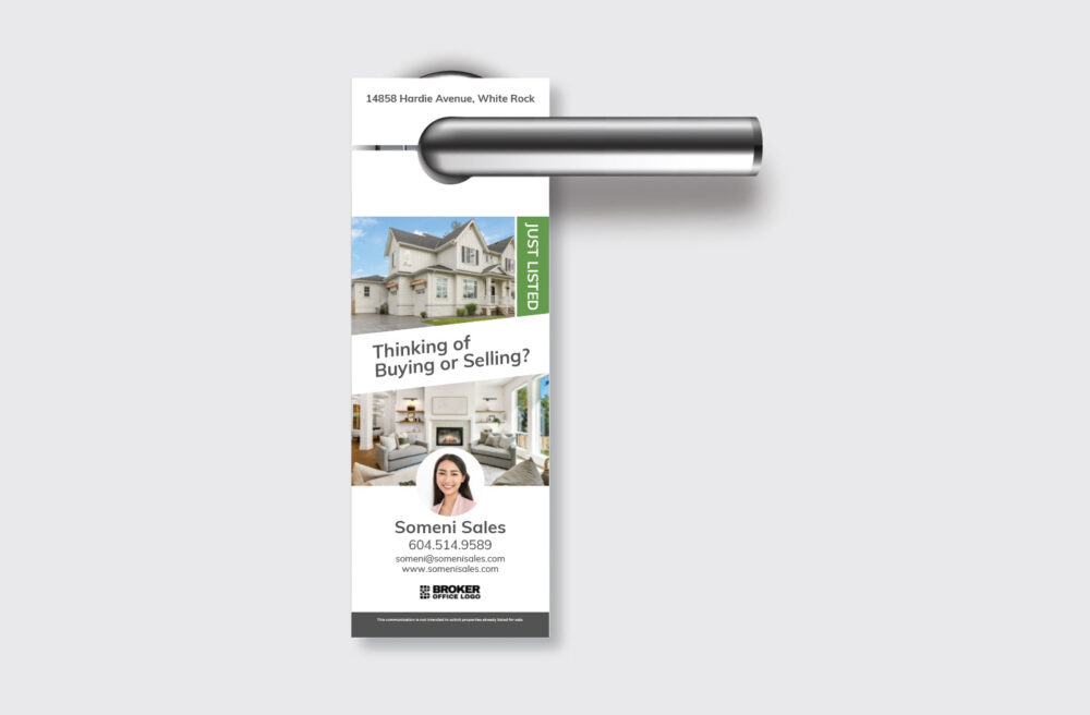 High-quality real estate door hanger hanging on a residential front door handle.