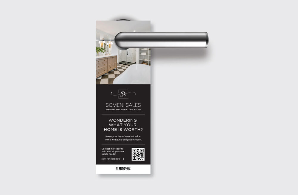 High-quality real estate door hanger hanging on a residential front door handle.