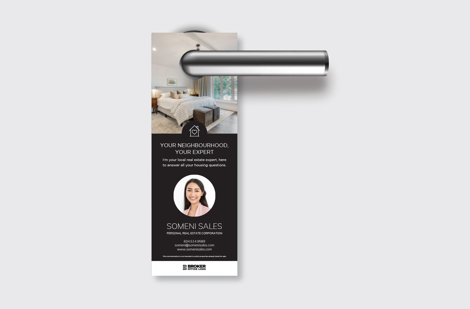 High-quality real estate door hanger hanging on a residential front door handle.