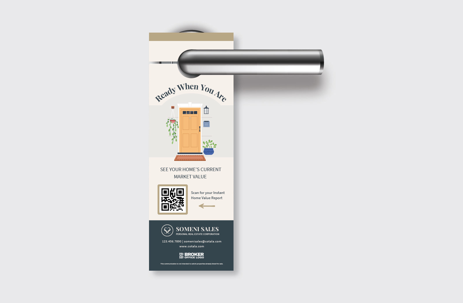 High-quality real estate door hanger hanging on a residential front door handle.