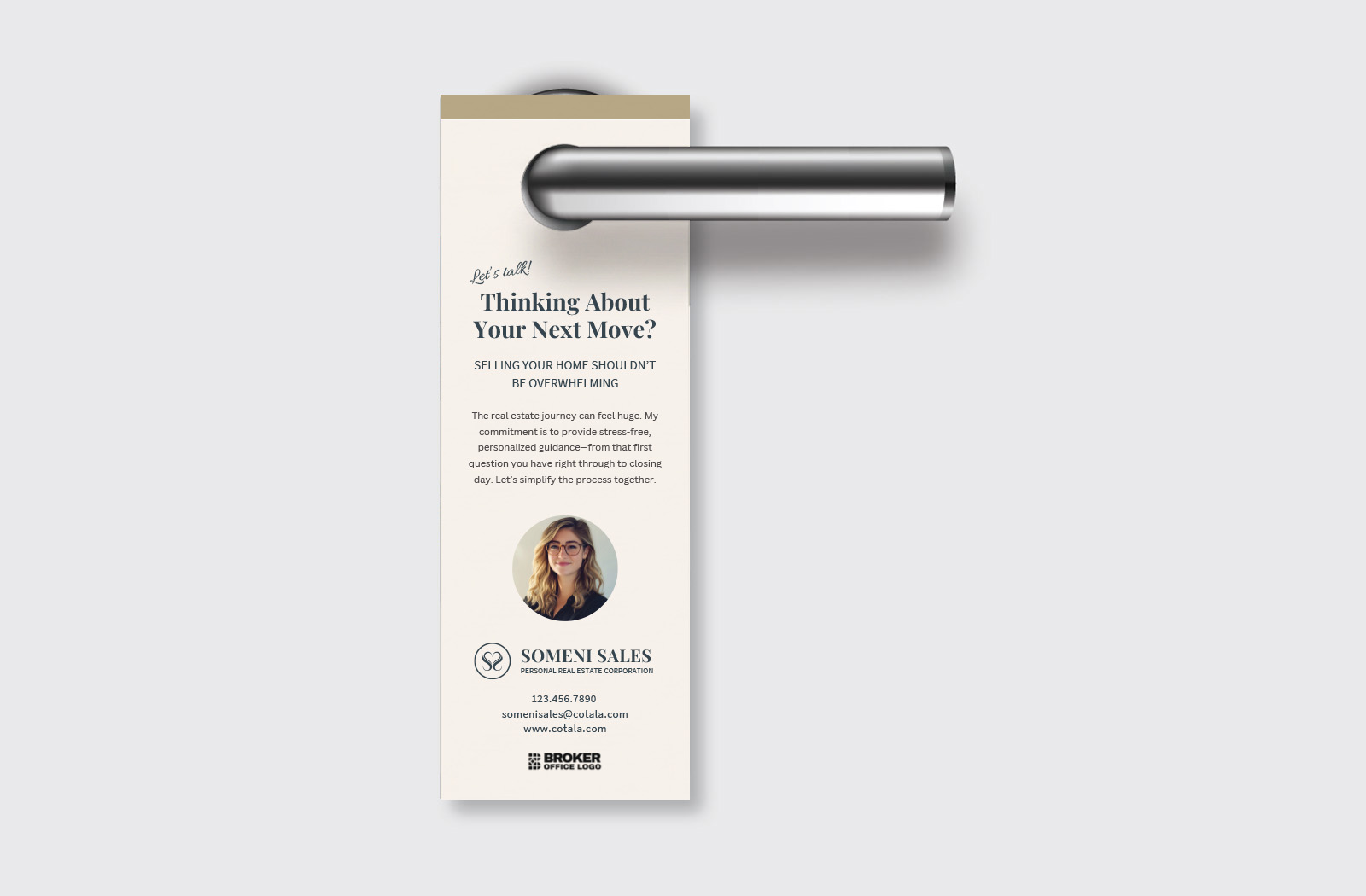 High-quality real estate door hanger hanging on a residential front door handle.