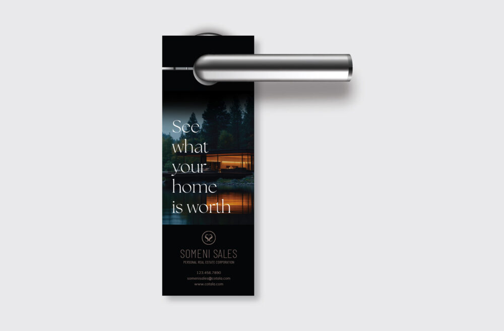 High-quality real estate door hanger hanging on a residential front door handle.