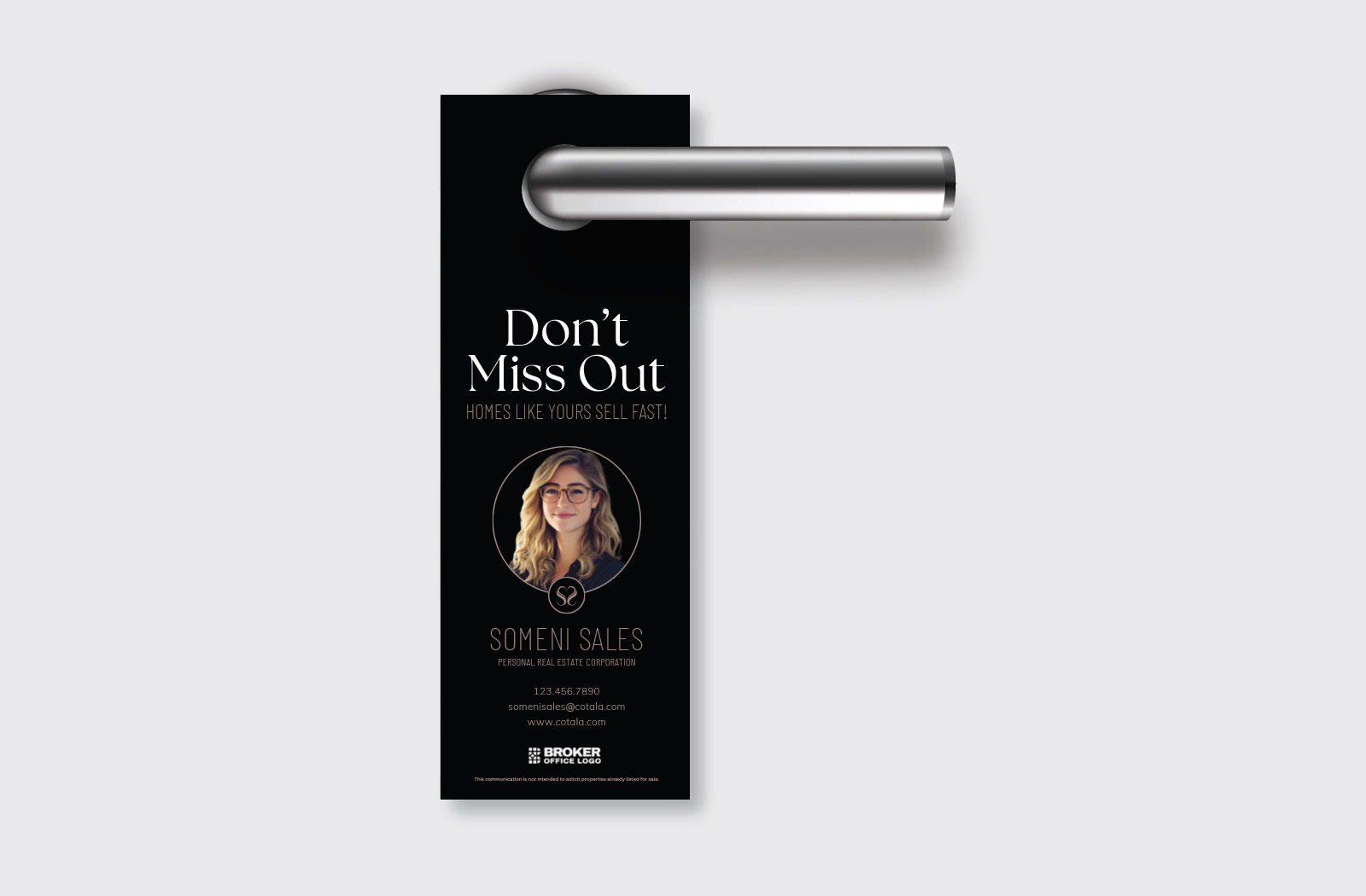 High-quality real estate door hanger hanging on a residential front door handle.