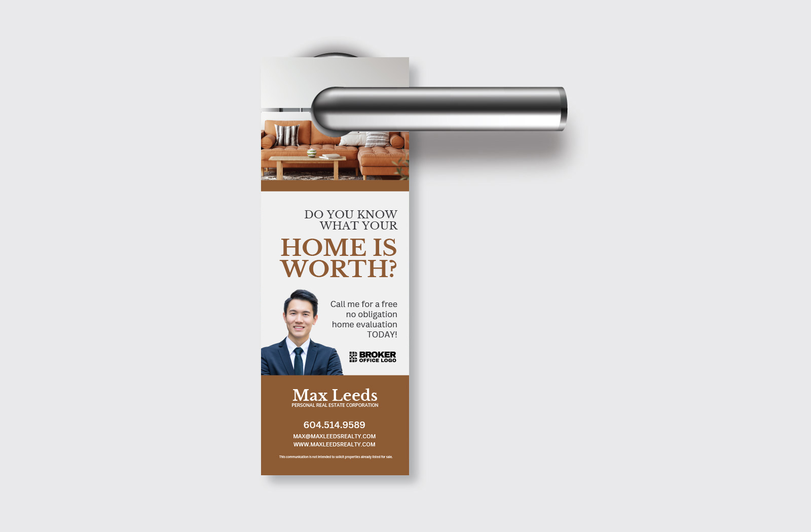 High-quality real estate door hanger hanging on a residential front door handle.