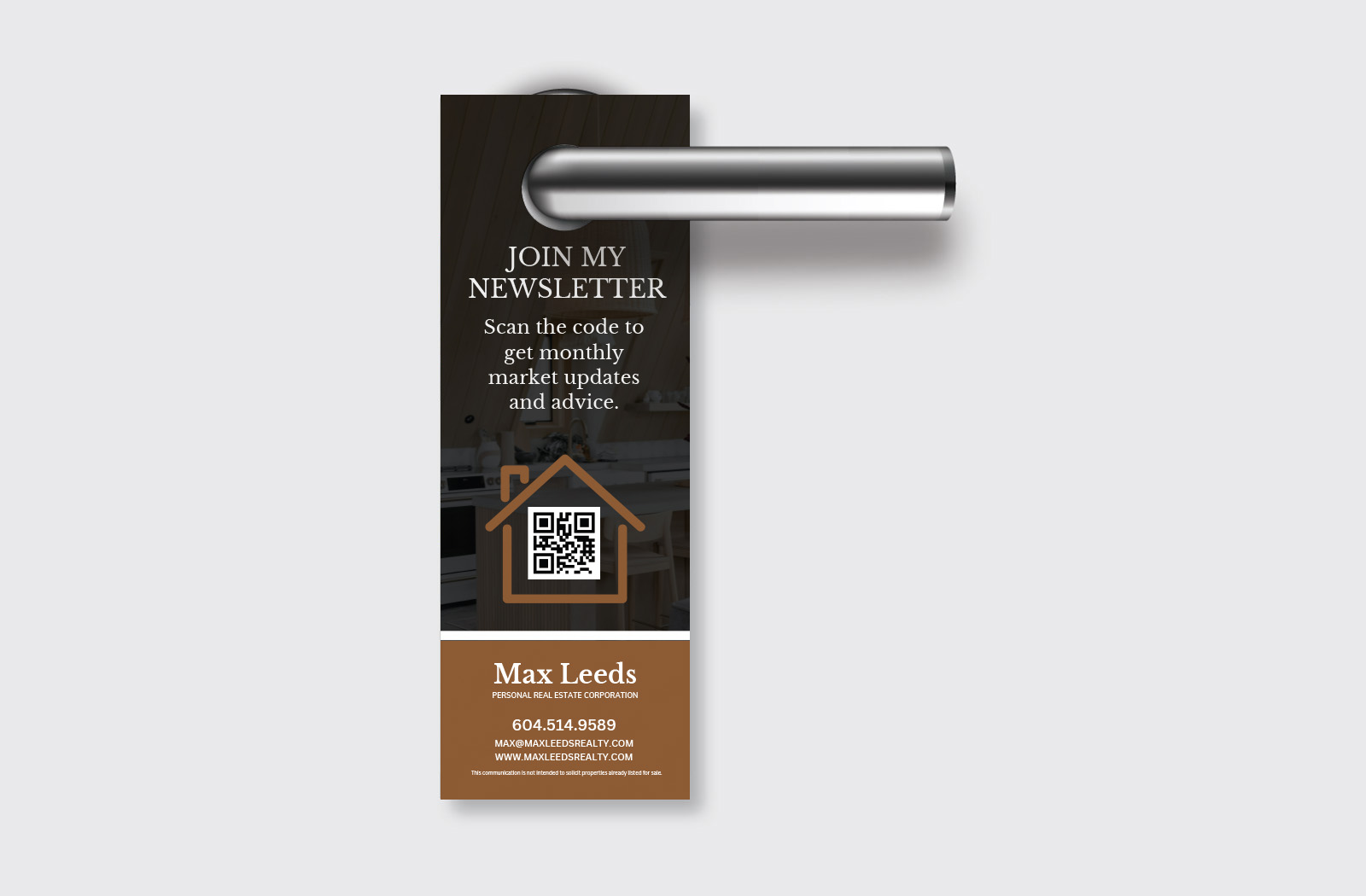 High-quality real estate door hanger hanging on a residential front door handle.