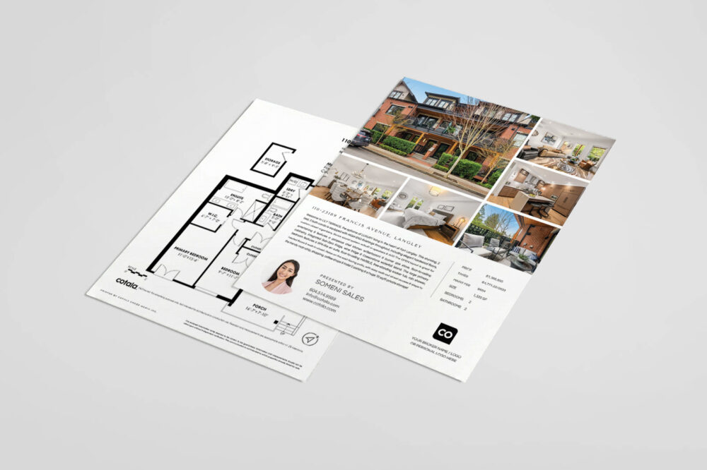 A clean, double-sided real estate listing flyer displaying property photos, key features, floorplan details, and professional agent branding in a clear layout.