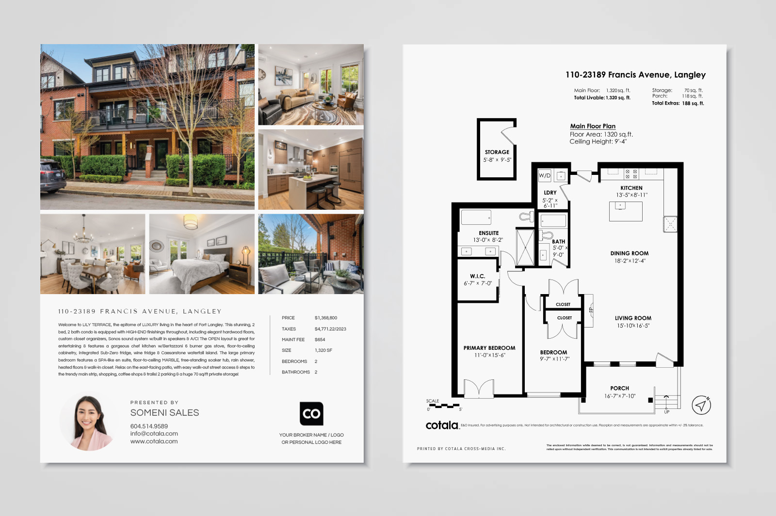 A clean, double-sided real estate listing flyer displaying property photos, key features, floorplan details, and professional agent branding in a clear layout.
