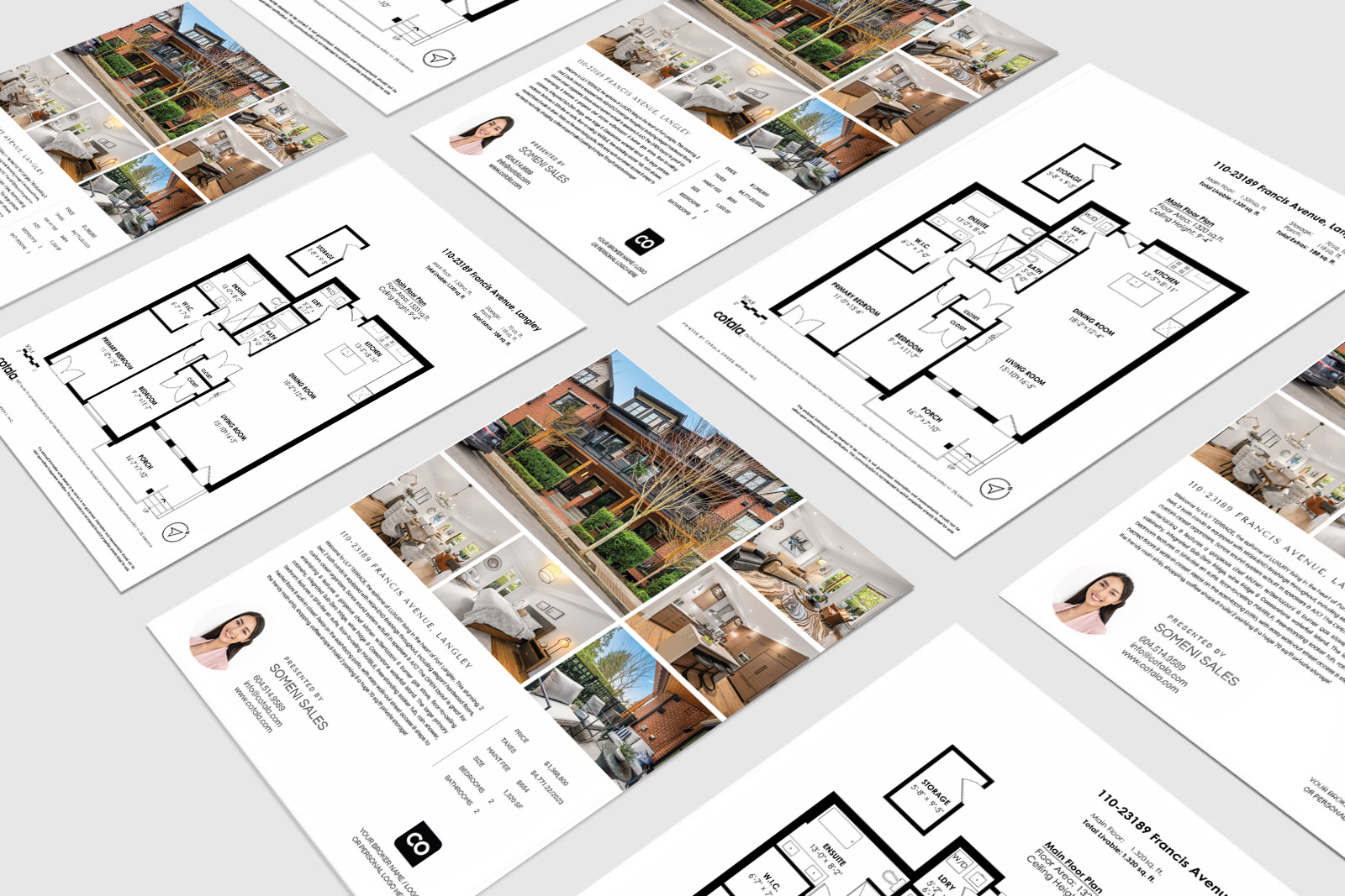 A clean, double-sided real estate listing flyer displaying property photos, key features, floorplan details, and professional agent branding in a clear layout.