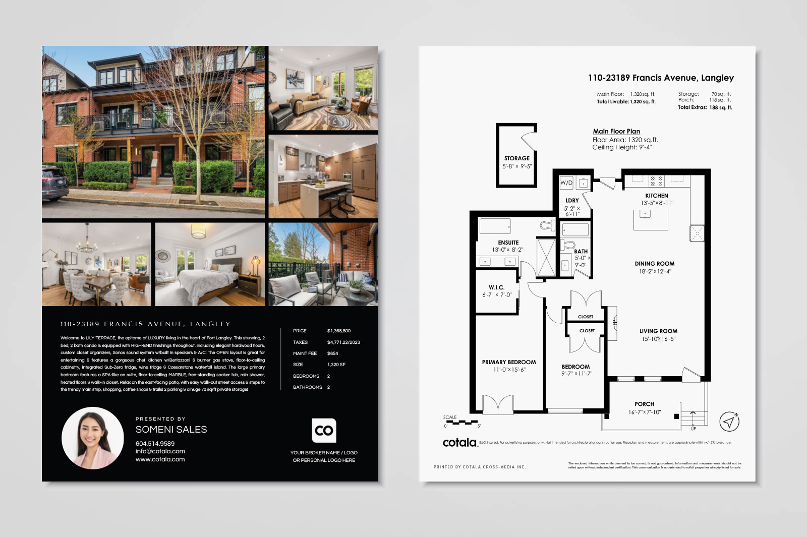 A clean, double-sided real estate listing flyer displaying property photos, key features, floorplan details, and professional agent branding in a clear layout.