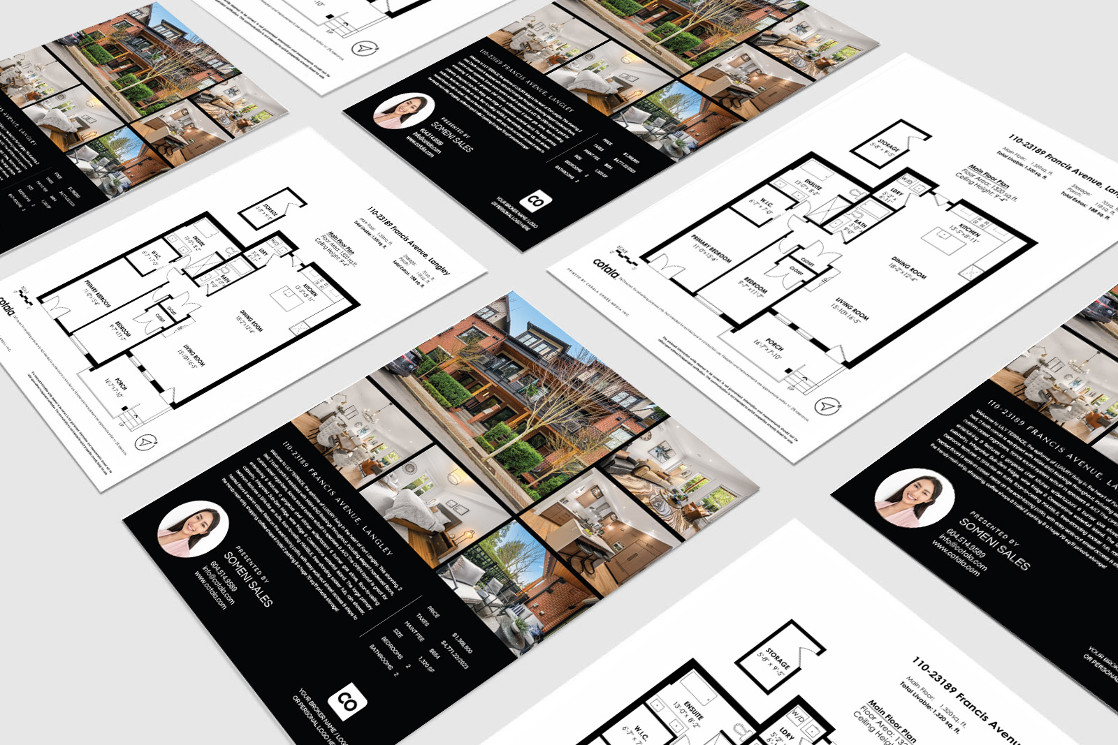 A clean, double-sided real estate listing flyer displaying property photos, key features, floorplan details, and professional agent branding in a clear layout.