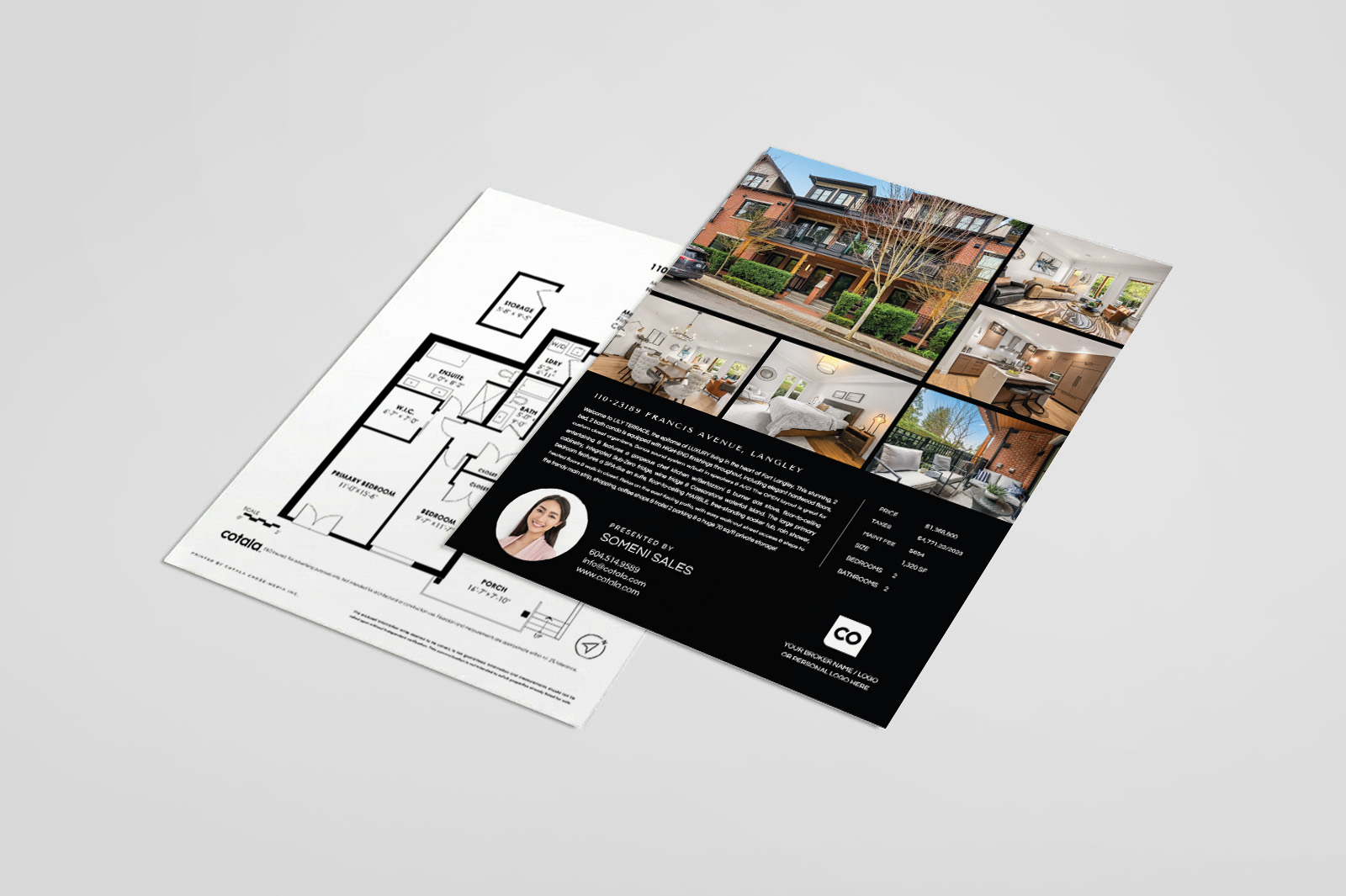 A clean, double-sided real estate listing flyer displaying property photos, key features, floorplan details, and professional agent branding in a clear layout.