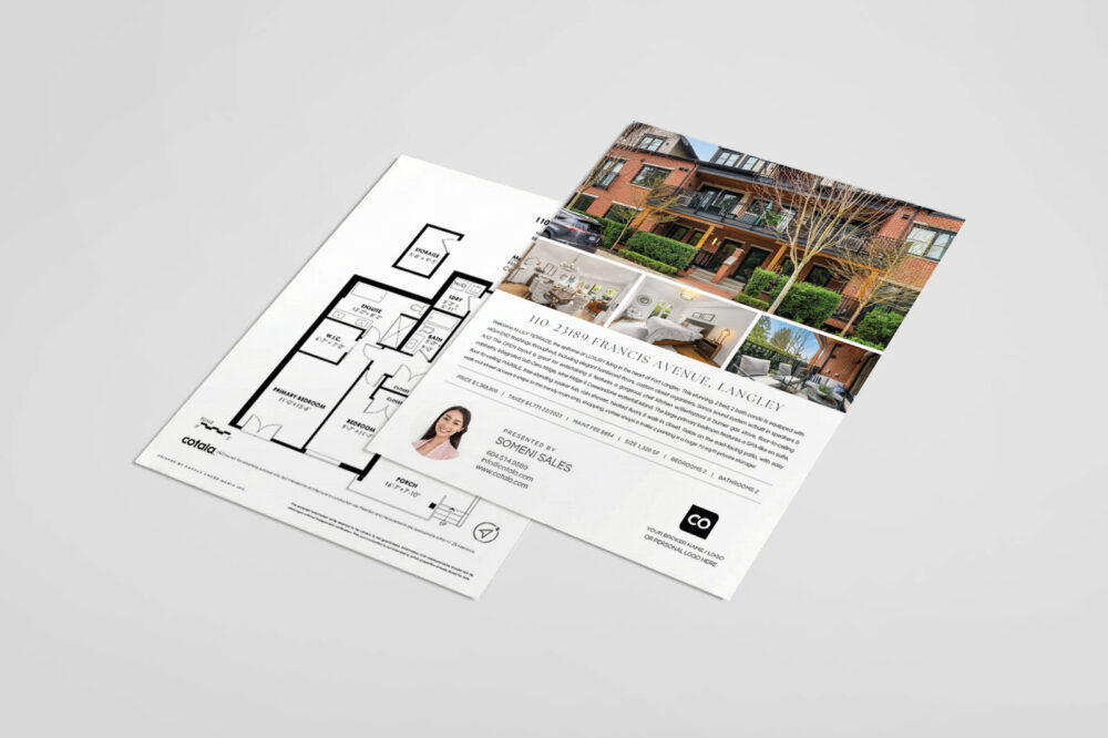 A clean, double-sided real estate listing flyer displaying property photos, key features, floorplan details, and professional agent branding in a clear layout.