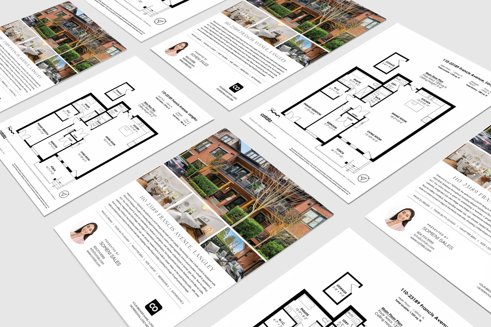 A clean, double-sided real estate listing flyer displaying property photos, key features, floorplan details, and professional agent branding in a clear layout.