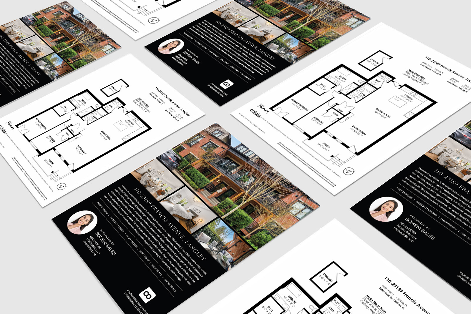 A clean, double-sided real estate listing flyer displaying property photos, key features, floorplan details, and professional agent branding in a clear layout.