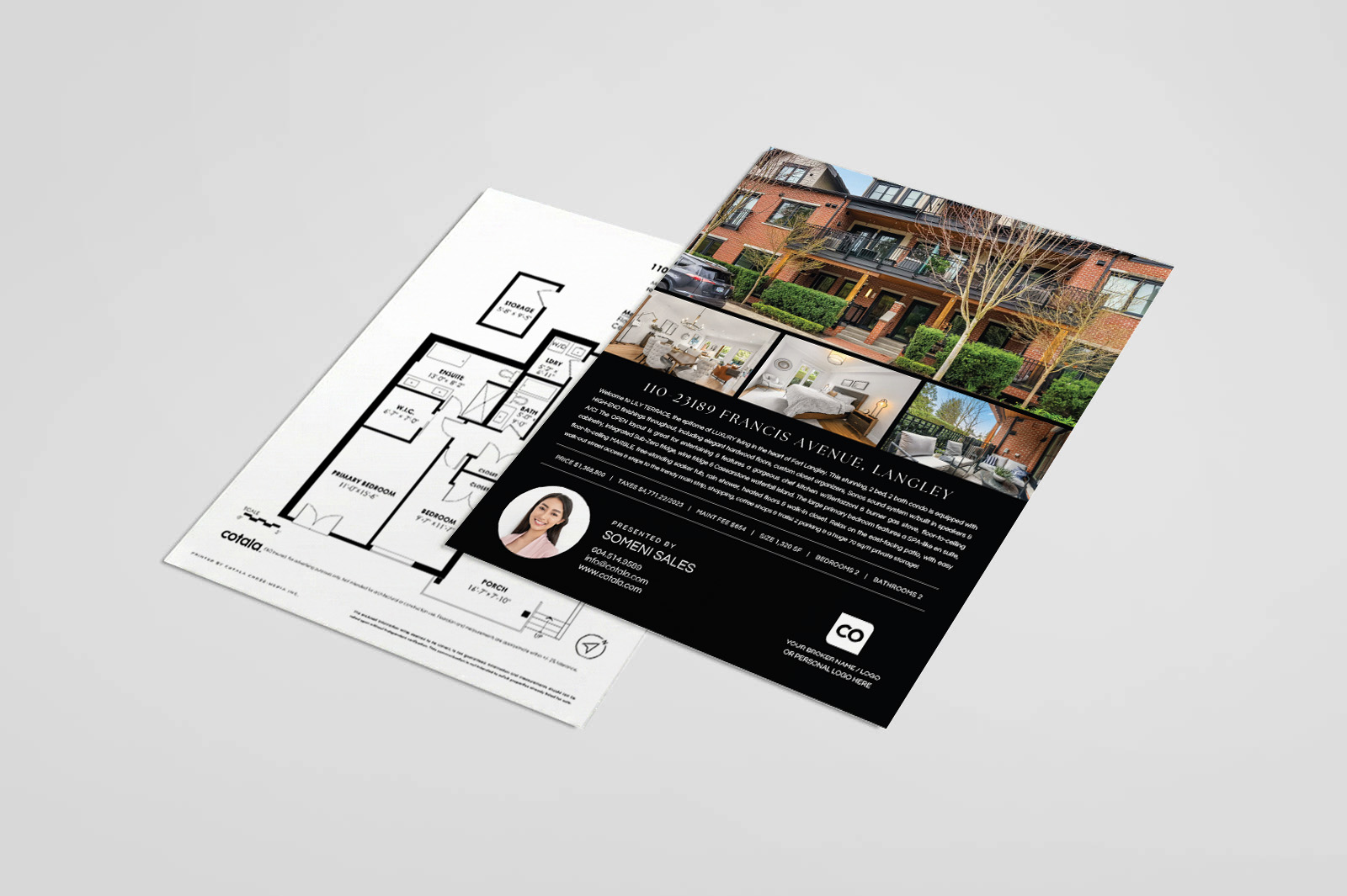 A clean, double-sided real estate listing flyer displaying property photos, key features, floorplan details, and professional agent branding in a clear layout.