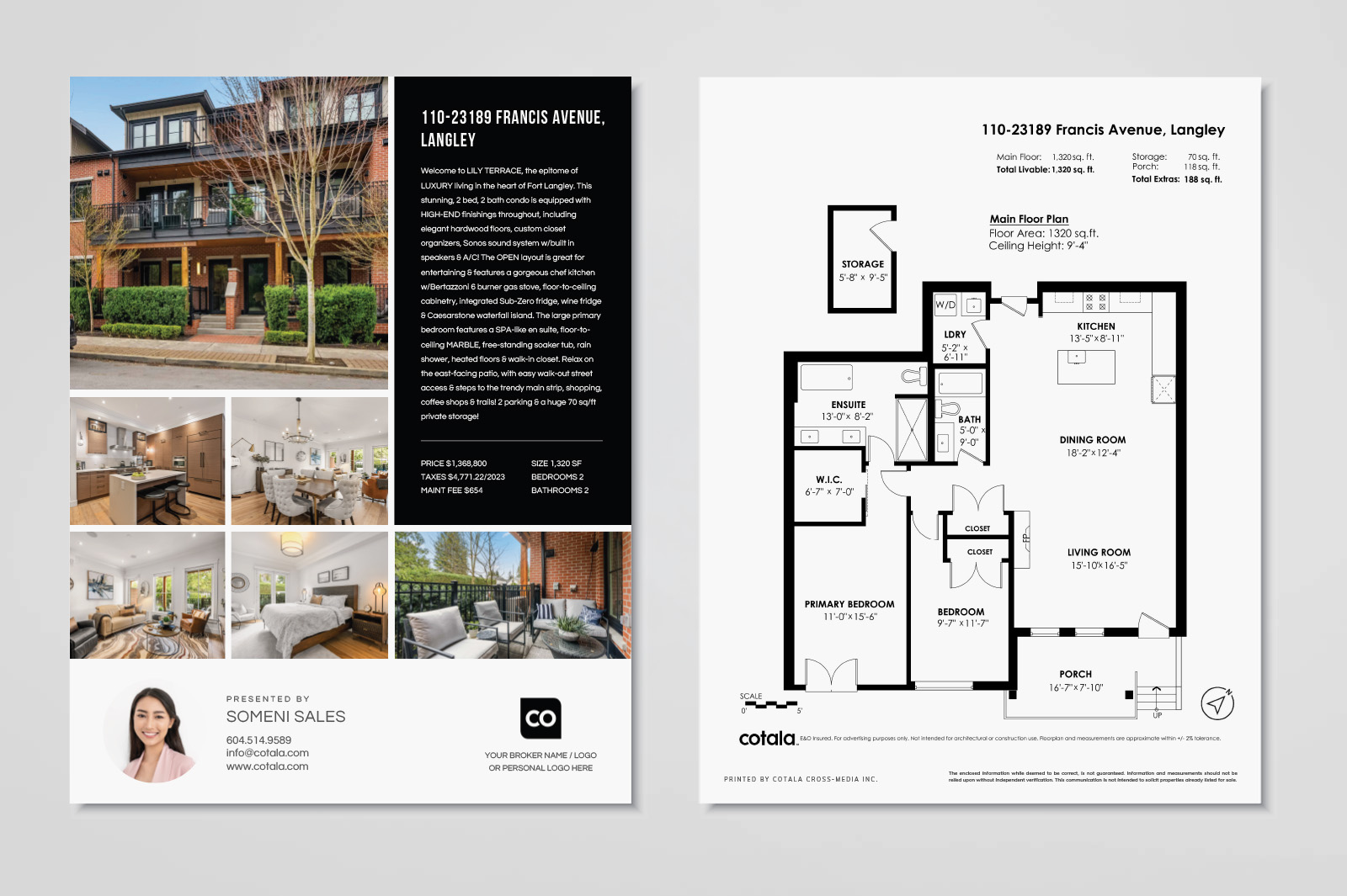 A clean, double-sided real estate listing flyer displaying property photos, key features, floorplan details, and professional agent branding in a clear layout.