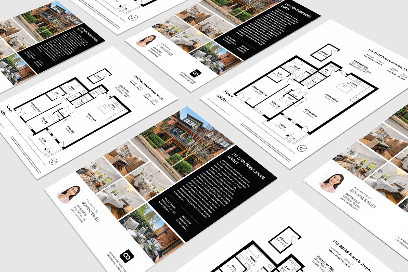 A clean, double-sided real estate listing flyer displaying property photos, key features, floorplan details, and professional agent branding in a clear layout.
