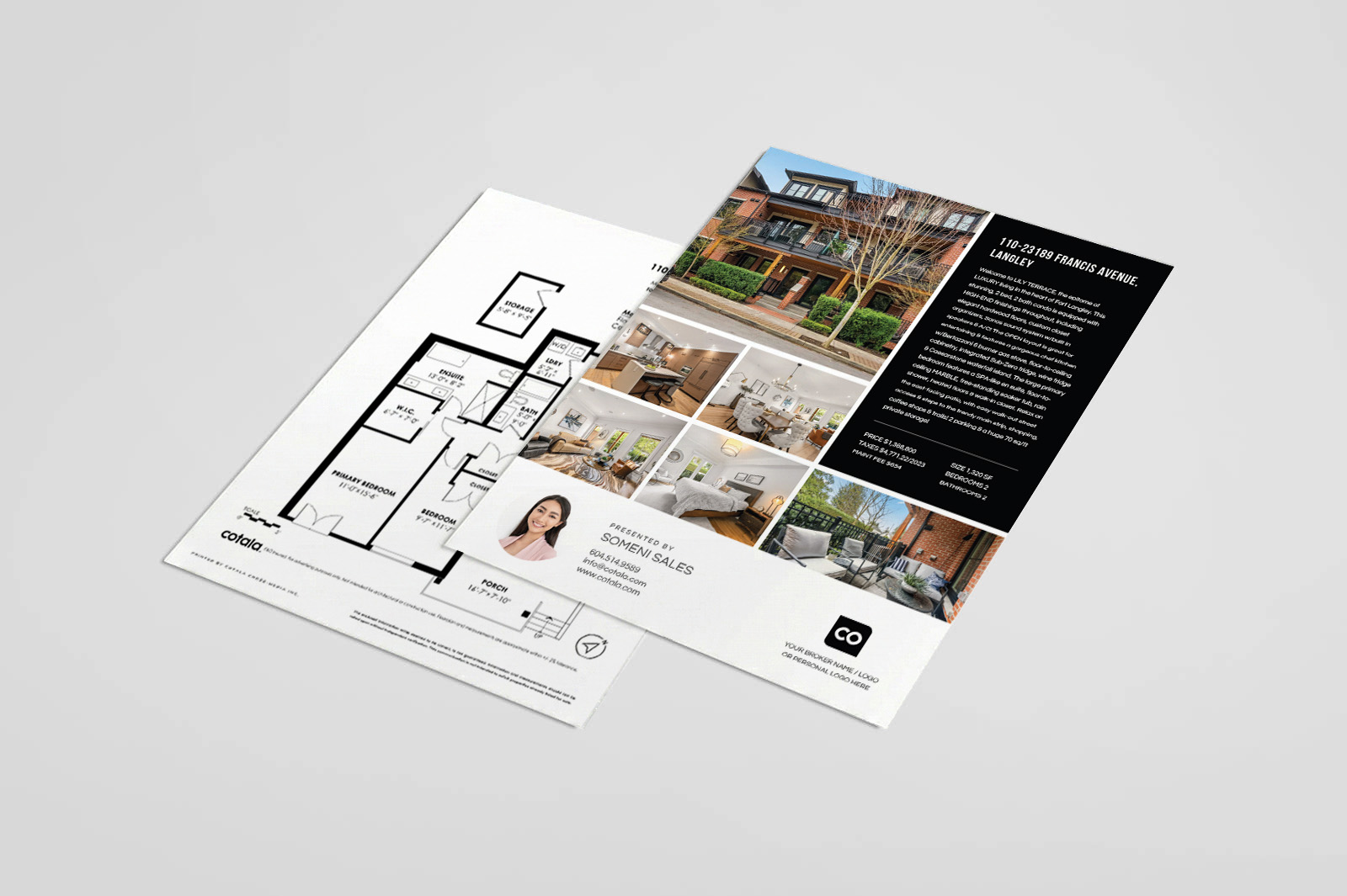 A clean, double-sided real estate listing flyer displaying property photos, key features, floorplan details, and professional agent branding in a clear layout.