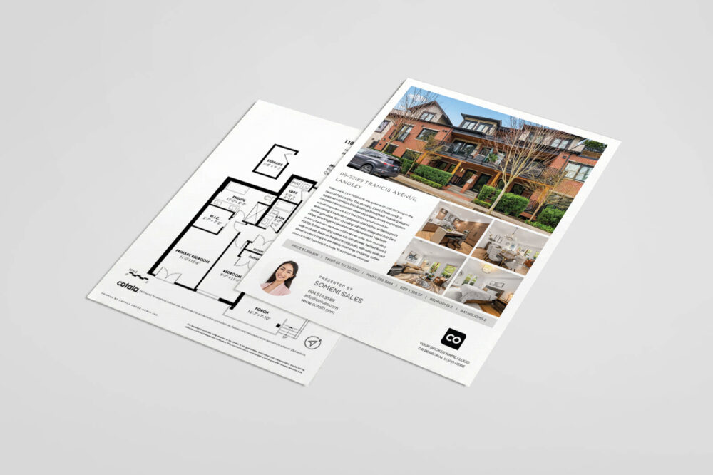 A clean, double-sided real estate listing flyer displaying property photos, key features, floorplan details, and professional agent branding in a clear layout.